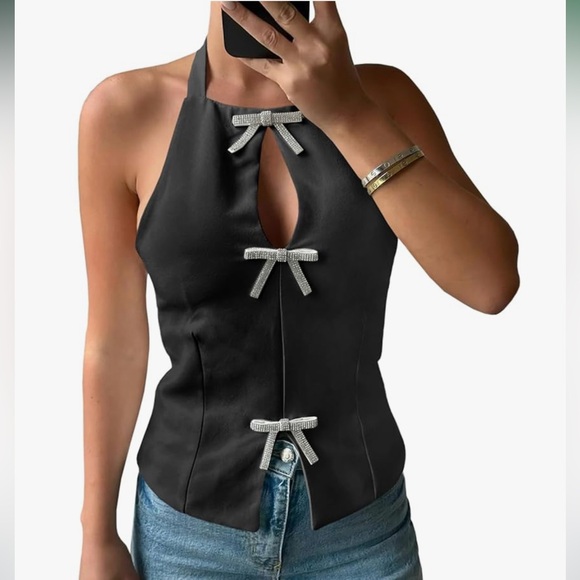 NWOT Black Halter Top Rhinestone Bow Detail Keyhole Going Out Top Size [S/M/L] - Picture 5 of 9